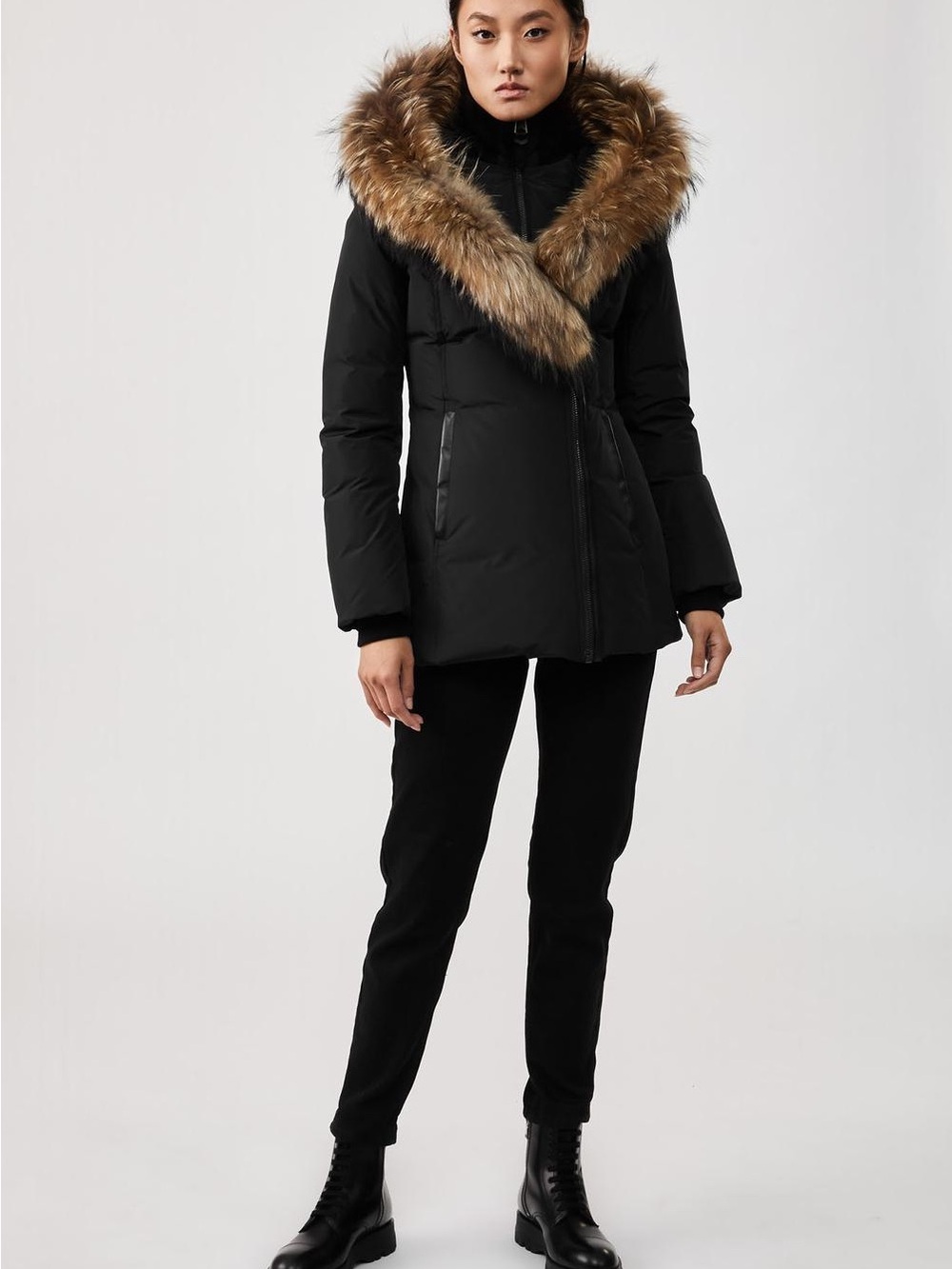 Mackage Black Puffer Coat with Brown Natural Fur Signature Collar